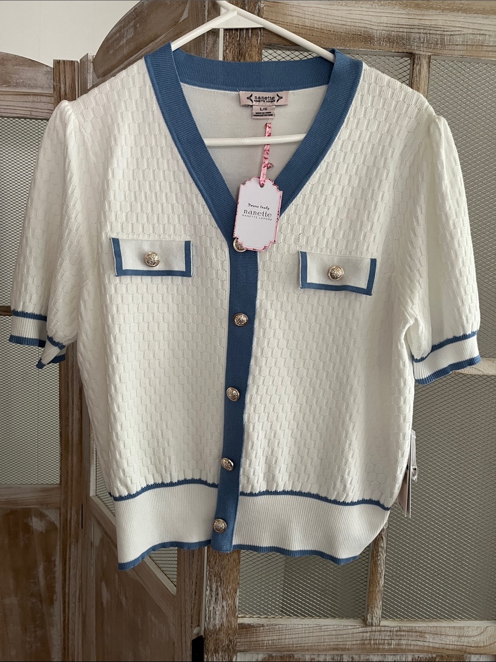Nannette White Knit Button-Front Short Sleeve Cardigan with Blue Trim